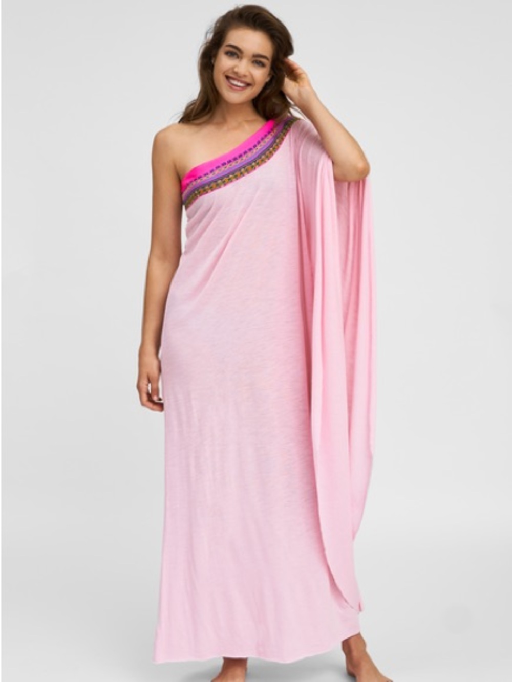 Pitusa Pima One-Shoulder Pink Maxi Dress with Multicolor Trim